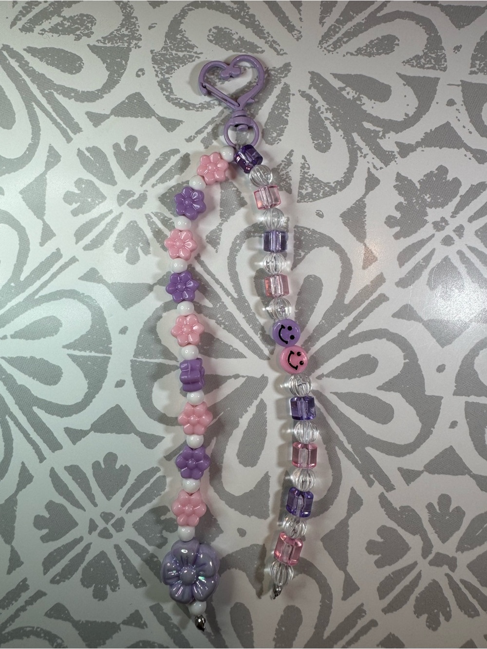 Purple & Pink Beaded Keychain with Heart Clip